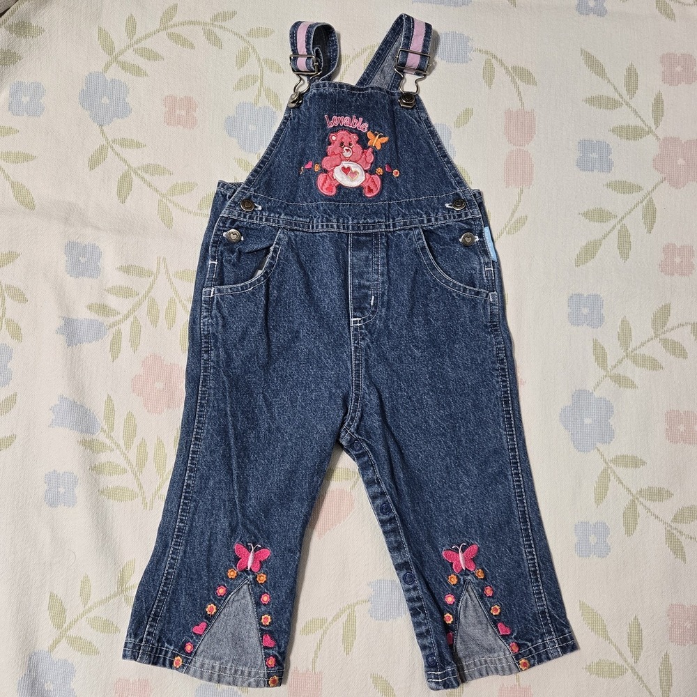 Vintage Care Bears Loveable Bear Denim Overalls Toddler 18M Felt/Embroidered Y2K